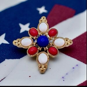 Patriotic Vintage Sarah Coventry Americana Maltese Cross Brooch Signed